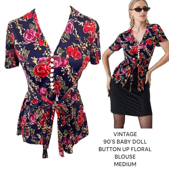 90'S‎ VINTAGE GORGEOUS FLORAL BUTTON UP BABY DOLL TIE BLOUSE MEDIUM. - Picture 1 of 5